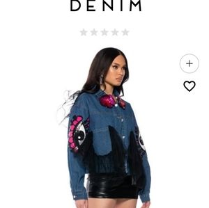 EYE LOVE YOU SEQUIN EMBELLISHED CRAFTY DENIM JACKET. NEW NEVER WORN. OVERSIZE